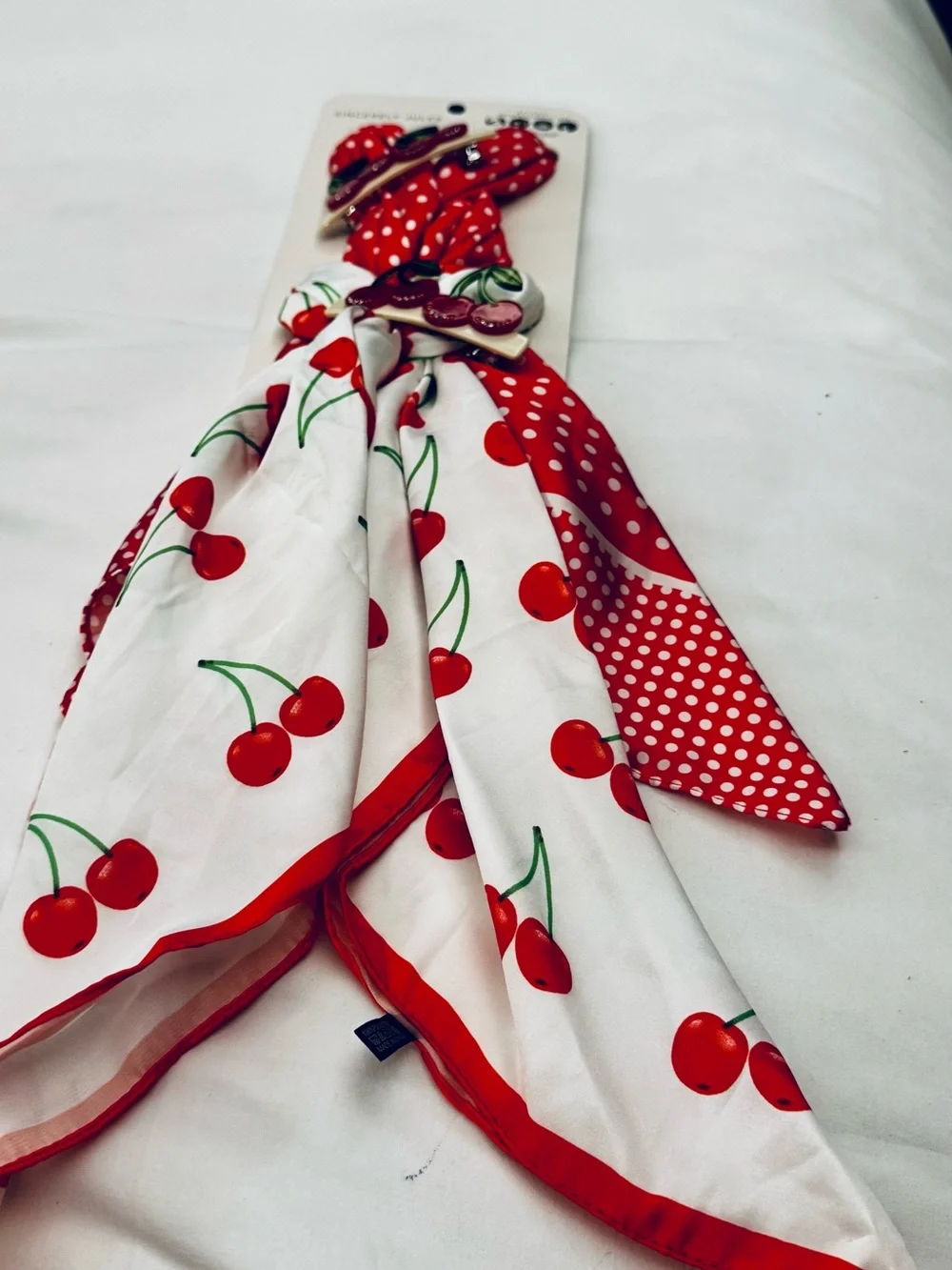 Sincerly Jules Red Cherry Print and Polka Dot Scarf & Barrette Set